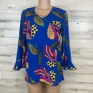 Caleesa Blue Multicolor Abstract Tunic Top Small Boho Art to Wear Bell Sleeves